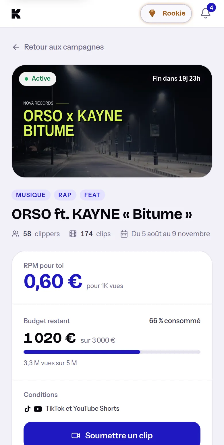 Fiche d'une campagne sur mobile : RPM pour toi, budget restant, réseaux autorisés et bouton Soumettre un clip